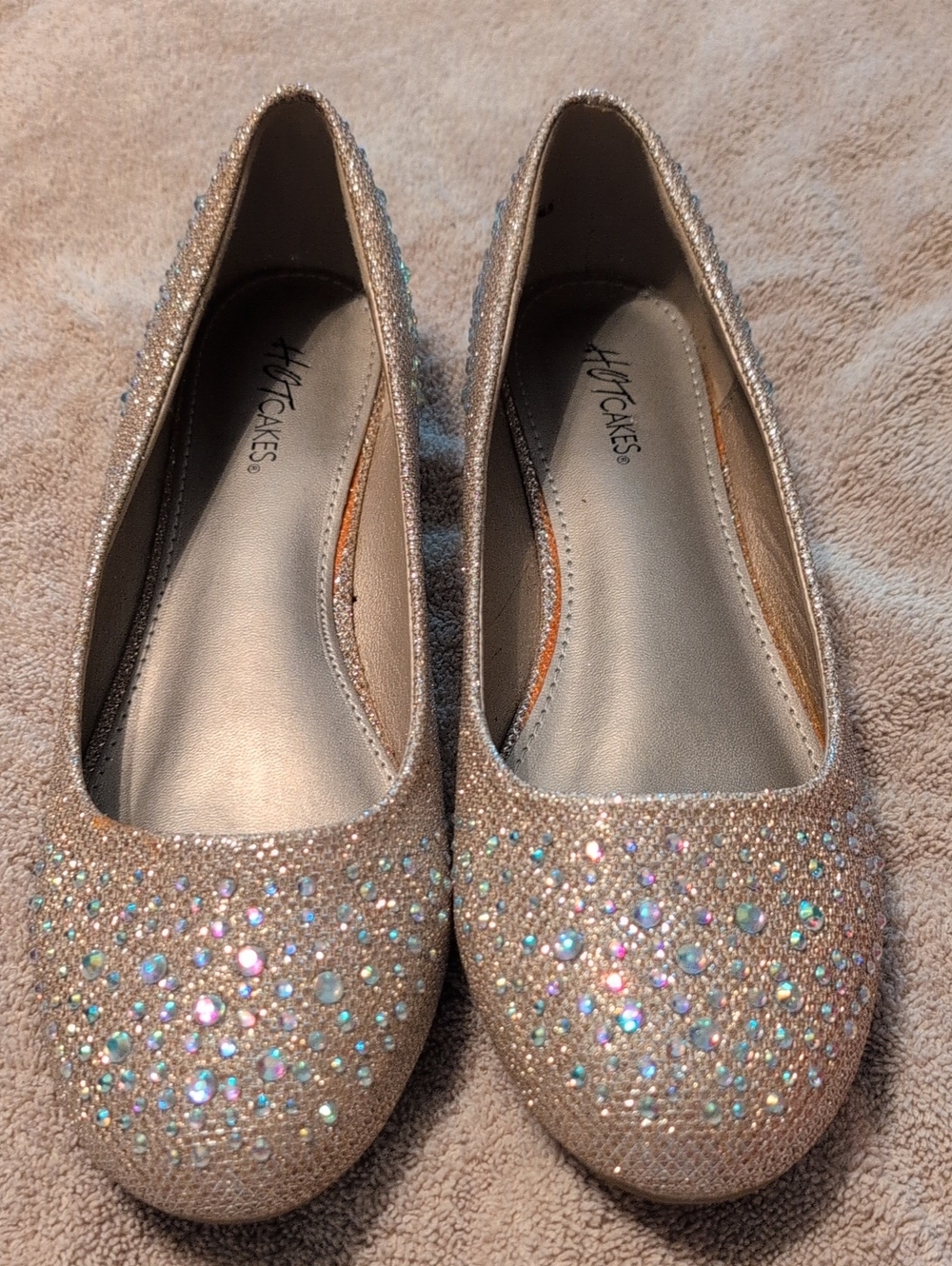 Hot Cakes Champagne Glitter Flats with Iridescent Rhinestones